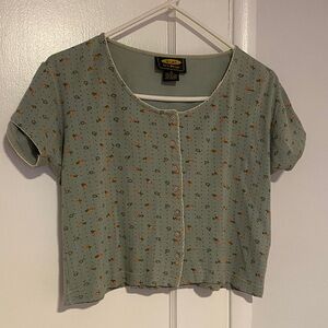 Free People Sage Green Floral Button-Front Crop Top